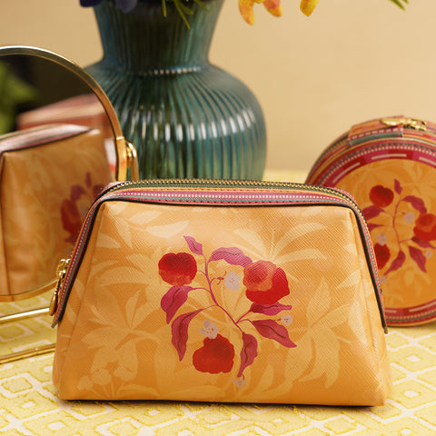Yellow Printed Faux Leather Vanity Pouch - Small