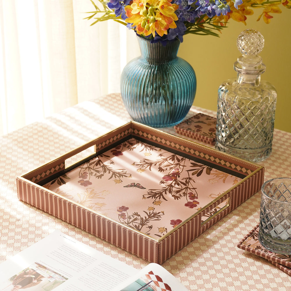 Pink Printed Round Faux Leather Serving Tray