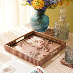 Pink Printed Round Faux Leather Serving Tray