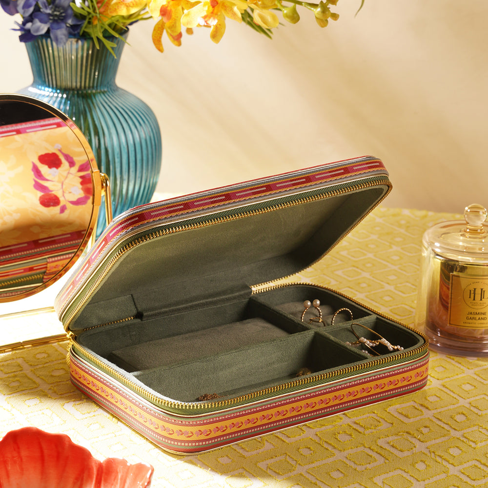 Yellow Printed Faux Leather Travel Jewellery Box