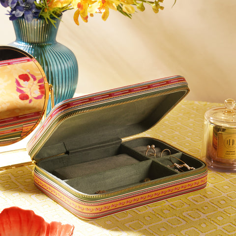 Yellow Printed Faux Leather Travel Jewellery Box