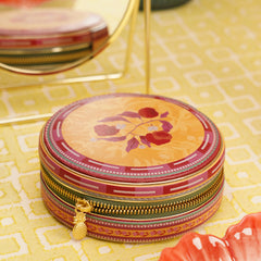Yellow Printed Round Faux Leather Travel Jewellery Box