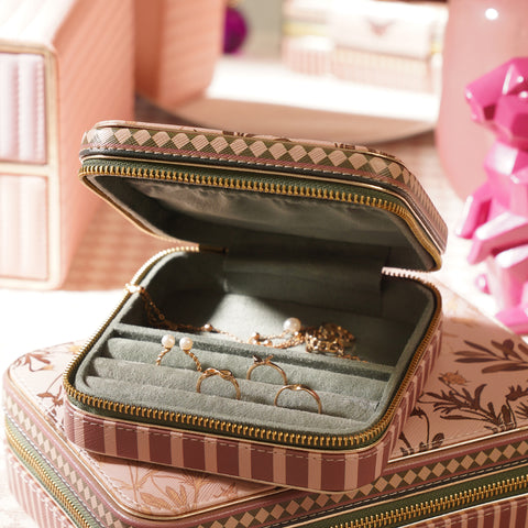 Pink Floral Printed Faux Leather Travel Jewellery Box