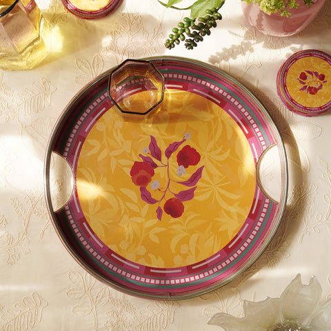 Yellow Printed Round Faux Leather Serving Tray