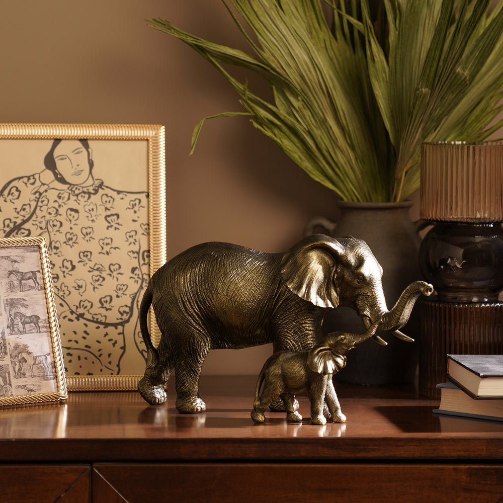 Brown Polyresin Standing Mother & Baby Elephant