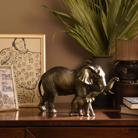 Brown Polyresin Standing Mother & Baby Elephant