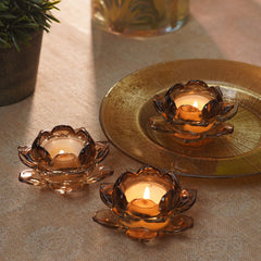 Set of 3 Amber Lotus Shaped Tea Light Holders