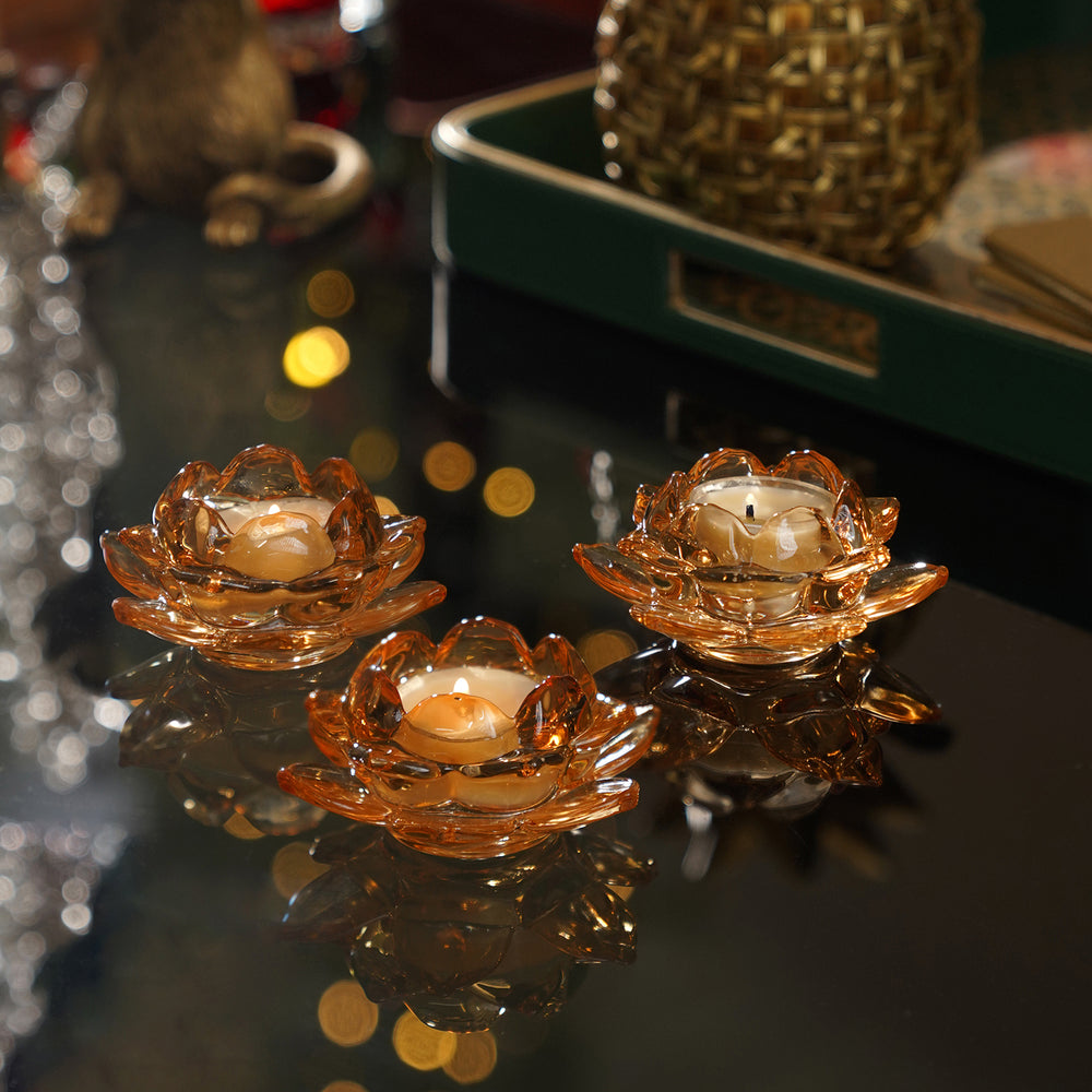 Set of 3 Orange Lotus Shaped Tea Light Holders