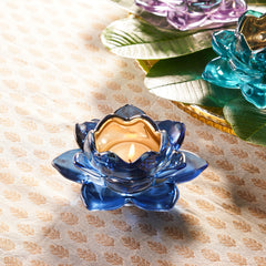Set of 2 Navy Blue Glass Lotus Shaped Tealight Holders