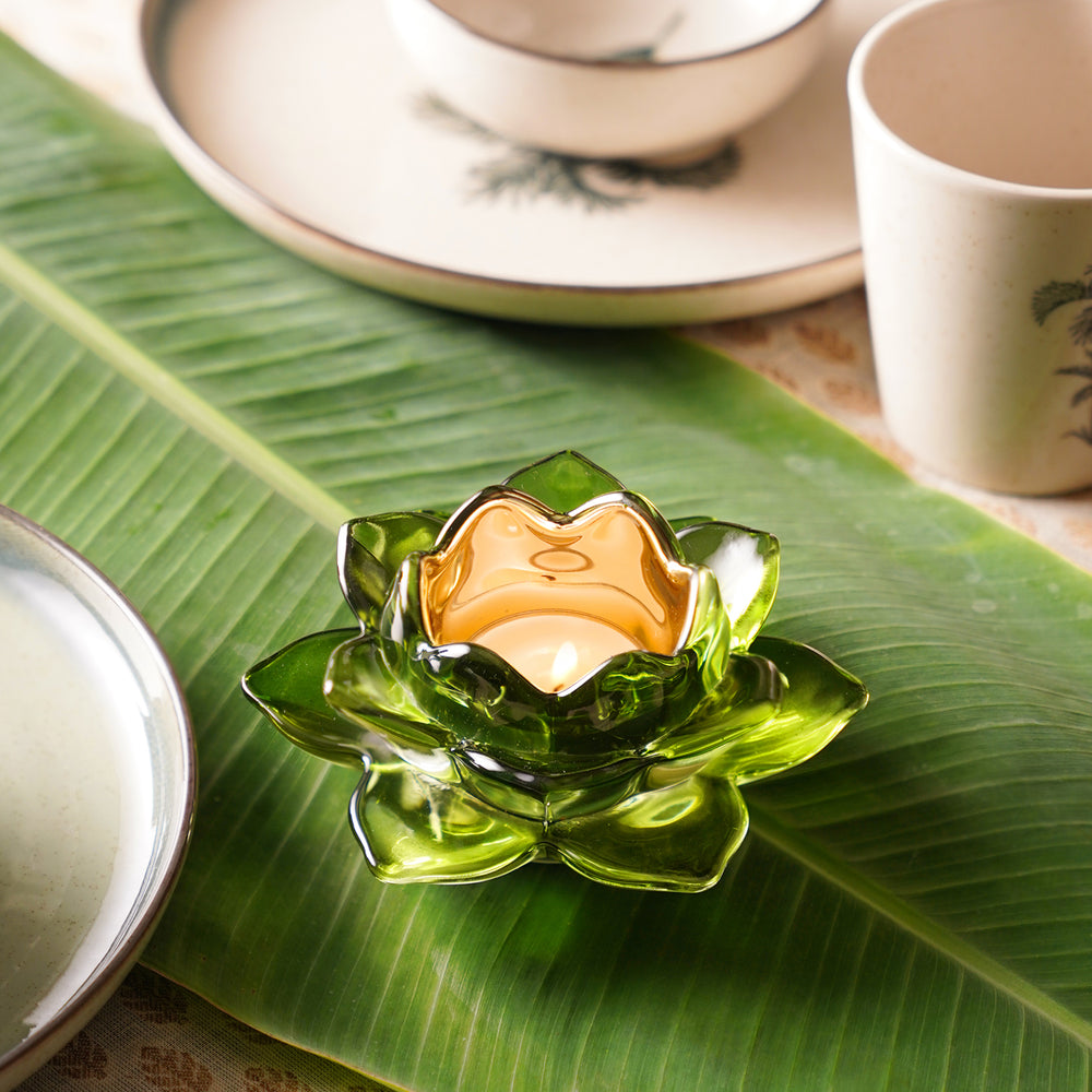 Set of 2 Green Glass Lotus Shaped Tealight Holders