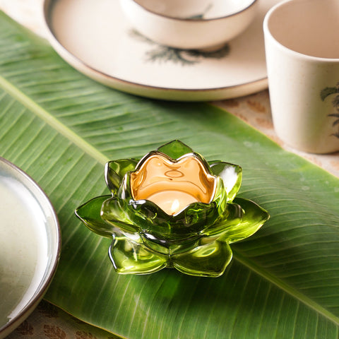 Set of 2 Green Glass Lotus Shaped Tealight Holders