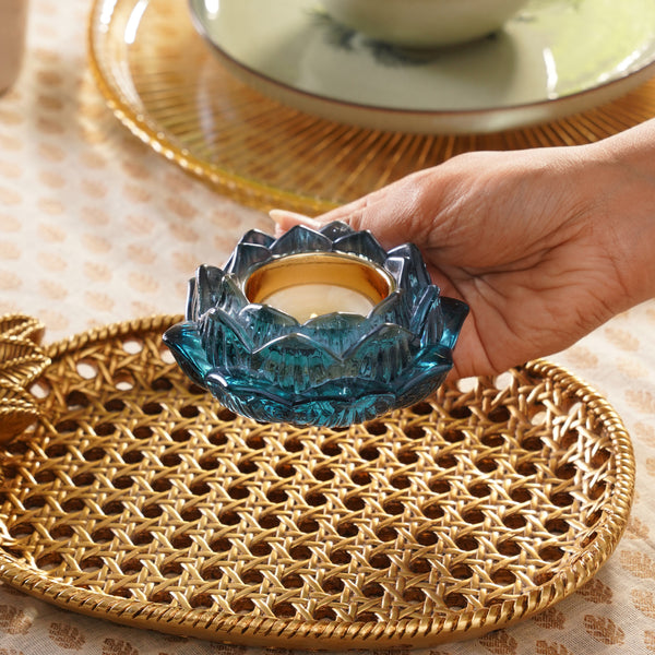 Set of 2 Blue Glass Floral Shaped Tealight Holders