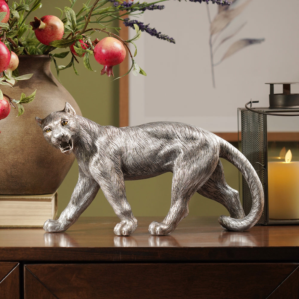 Silver Polyresin Roaring Panther