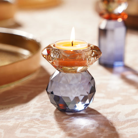 Amber & Blue Cut Glass Crystal Candle Holder