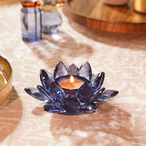 Blue Crystal Lotus Shaped Crystal Candle Holder