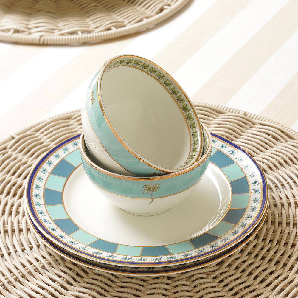 Set of 2 Blue Palmetto Print Porcelain Bowls