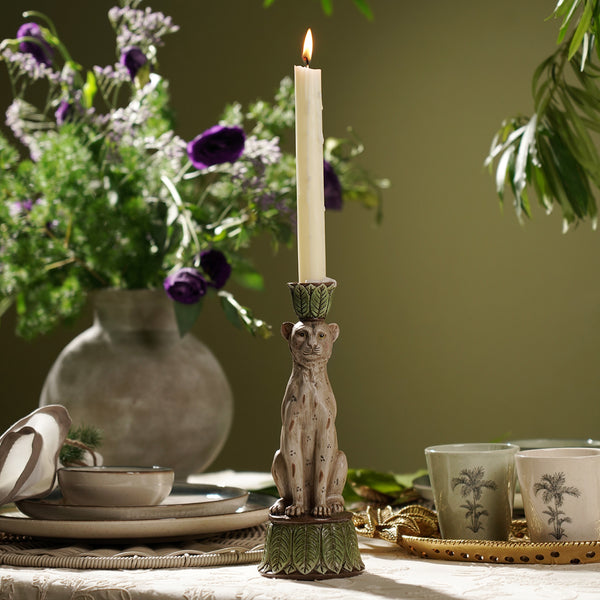Beige & Green Polyresin Leopard Candle Holder
