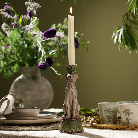 Beige & Green Polyresin Leopard Candle Holder