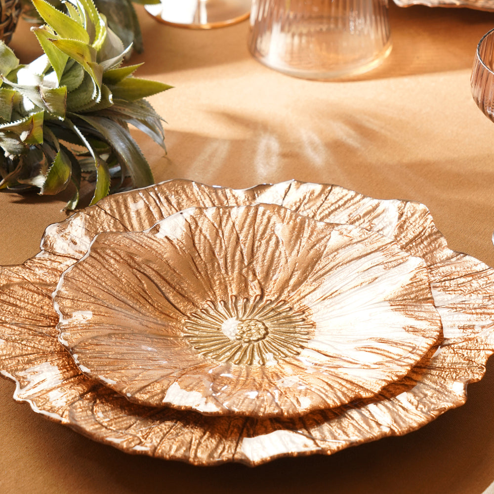 Set of 2 Copper Gold Flower Shaped Dessert Plates