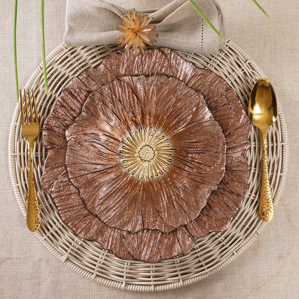 Set of 2 Bronze Gold Flower Shaped Dessert Plates