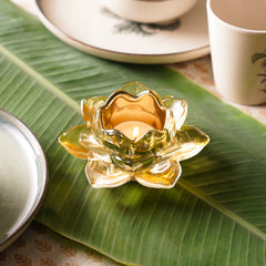 Set of 2 Light Green Glass Lotus Shaped Tealight Holders