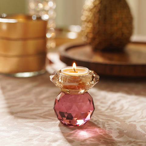 Amber & Pink Cut Glass Crystal Candle Holder