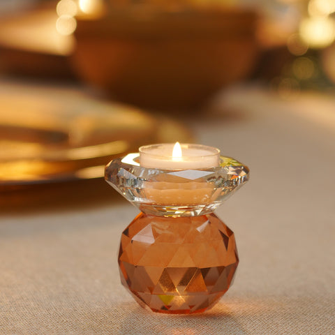 Dark & Light Amber Cut Glass Crystal Candle Holder