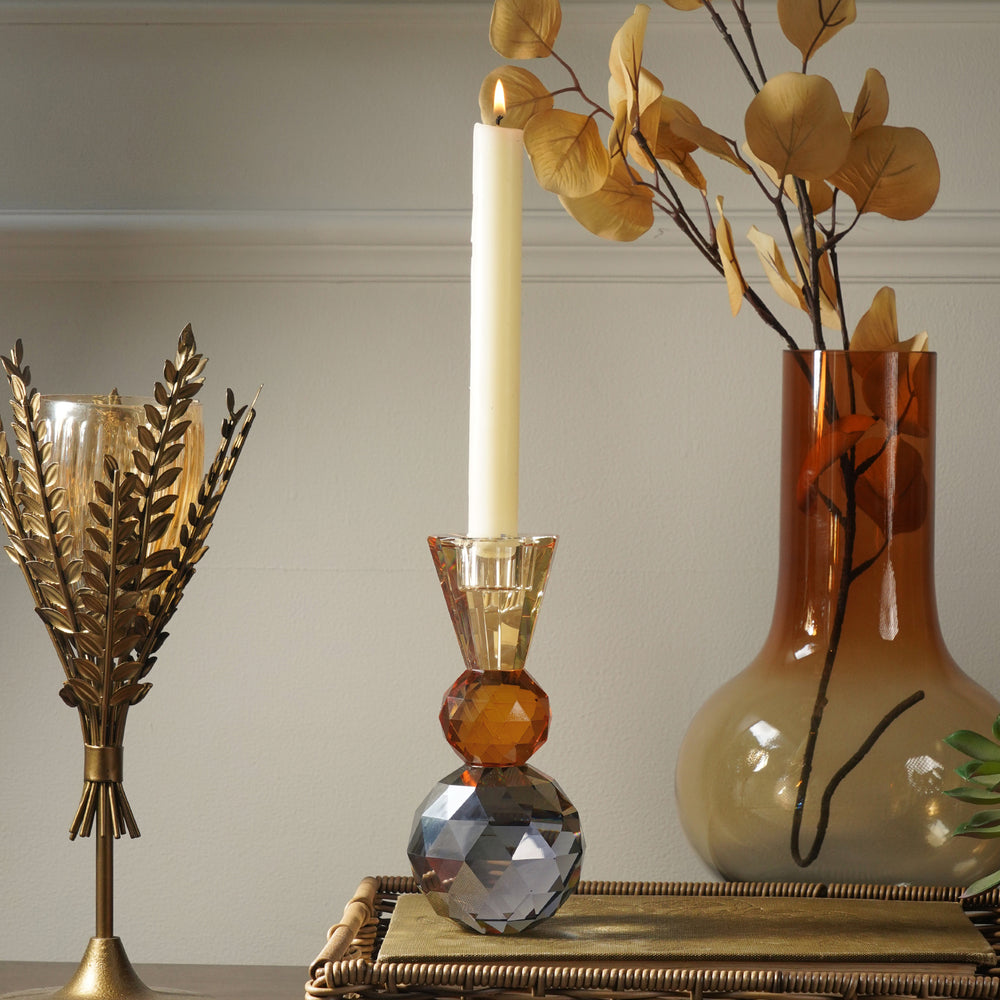 Grey 3 Tone Cut Glass Crystal Candle Holder