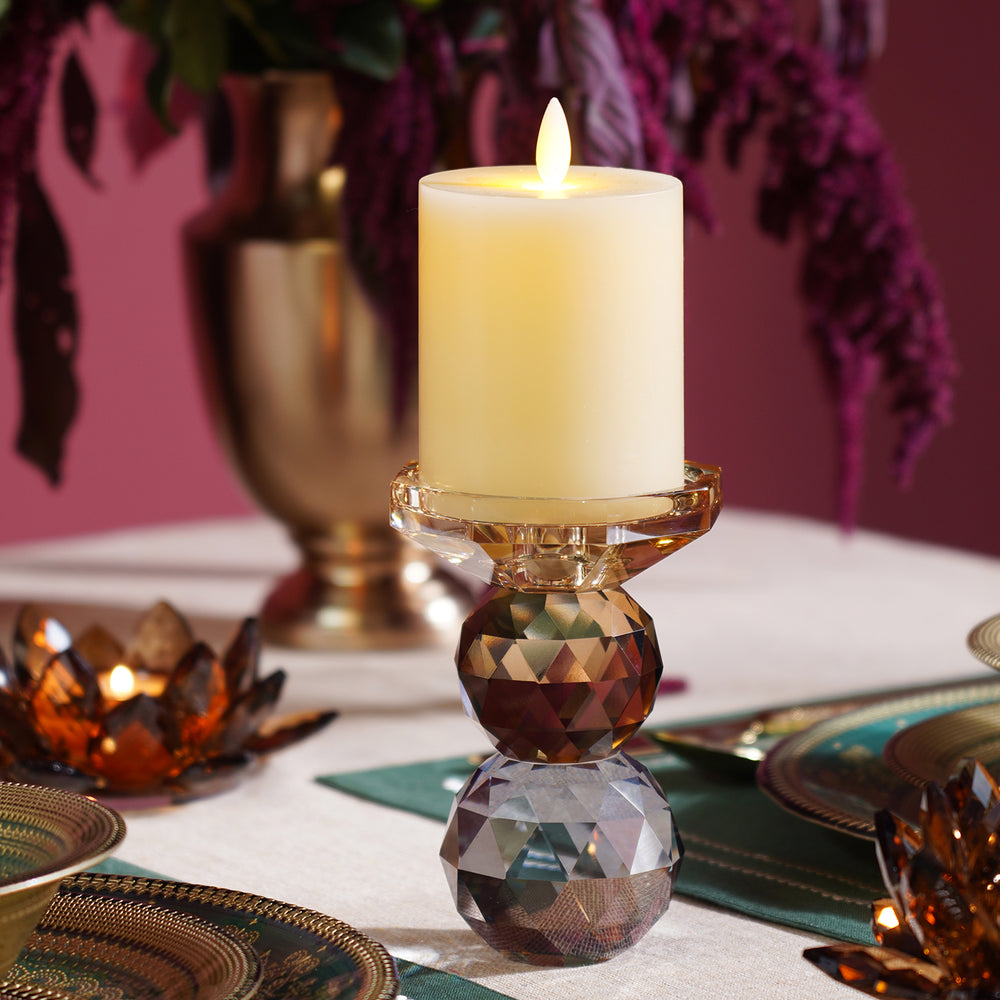 Amber Grey Cut Glass Crystal Candle Holder