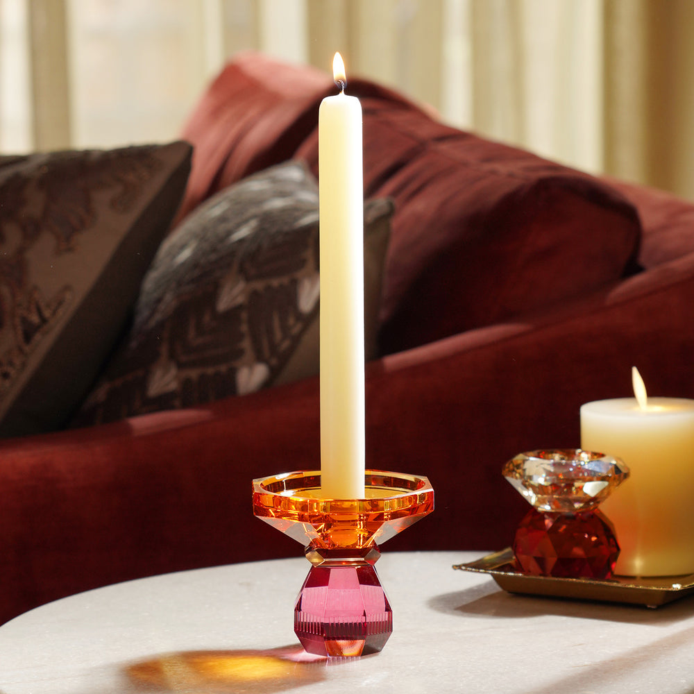 Amber & Pink Glass Crystal Candle Holder