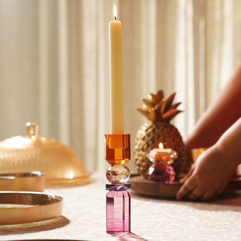 Pink Orange Amber Crylindrical Glass Crystal Candle Holder