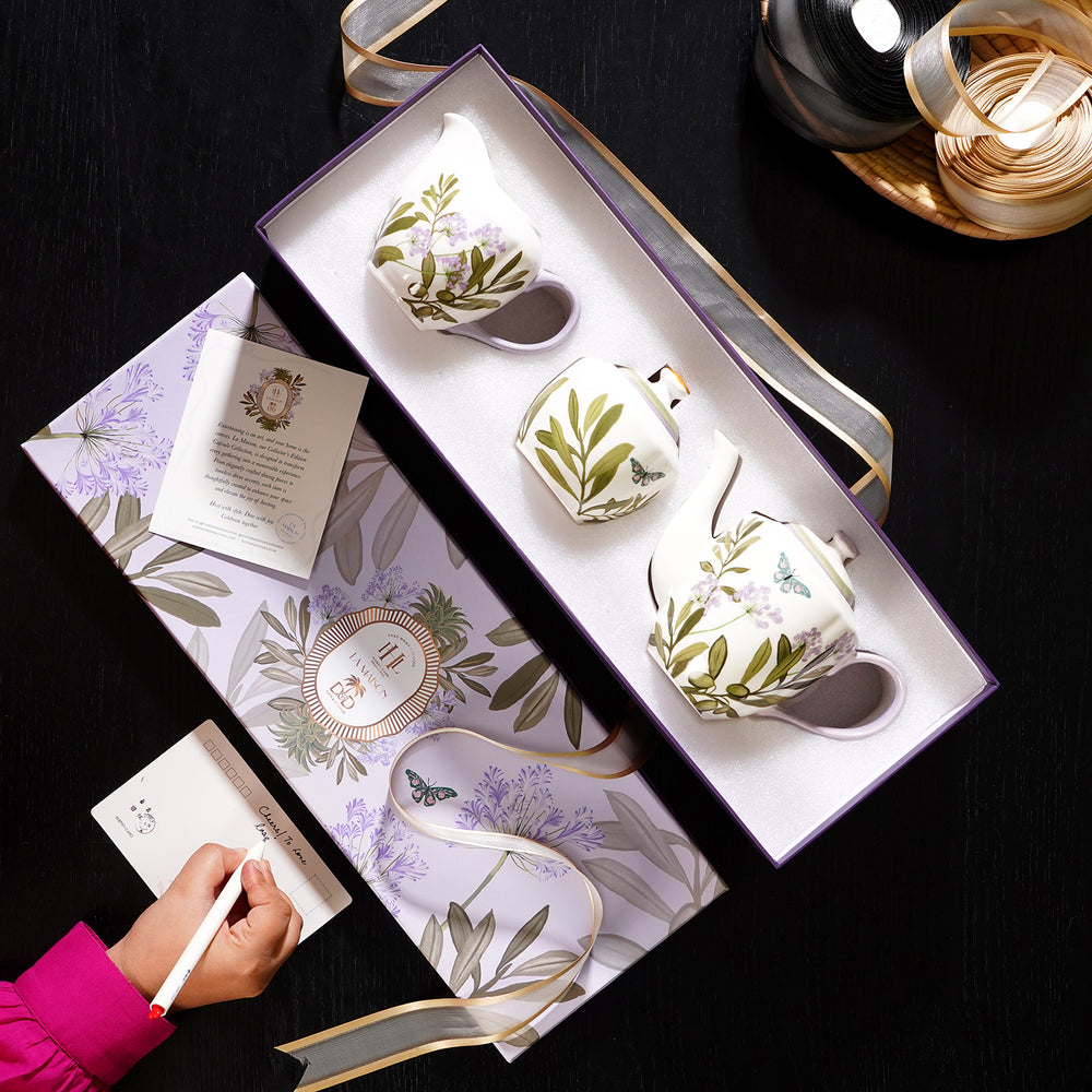 Set of 3 Purple Printed Bone China Tea Set