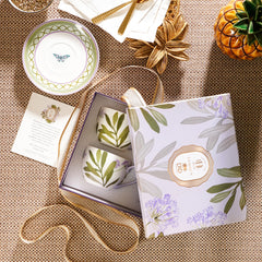 Set of 2 Purple Prined Bone China Tea Cups & Saucers