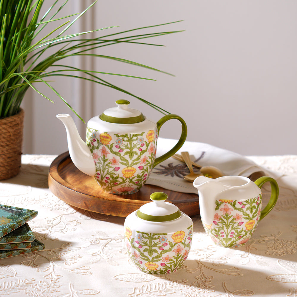 Set of 3 Green Floral Printed Bone China Tea Set