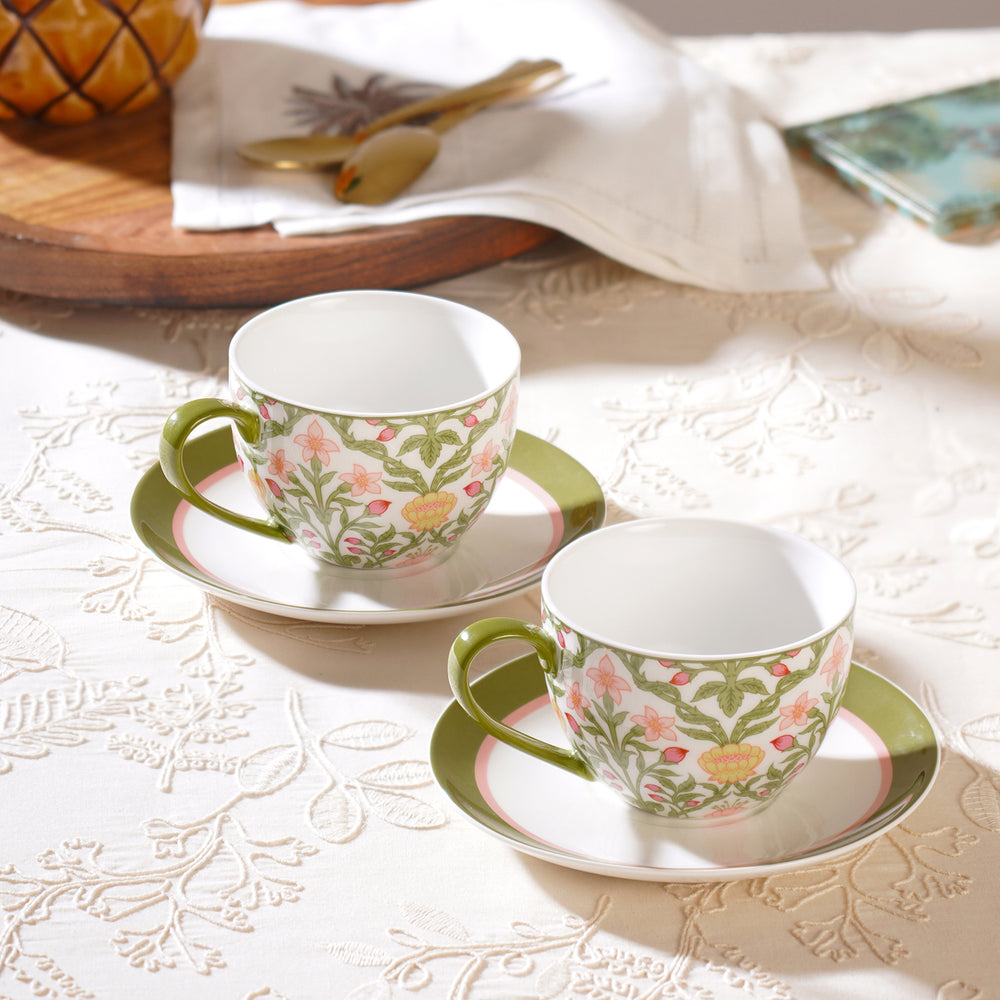 Set of 2 Green Prined Bone China Tea Cups & Saucers