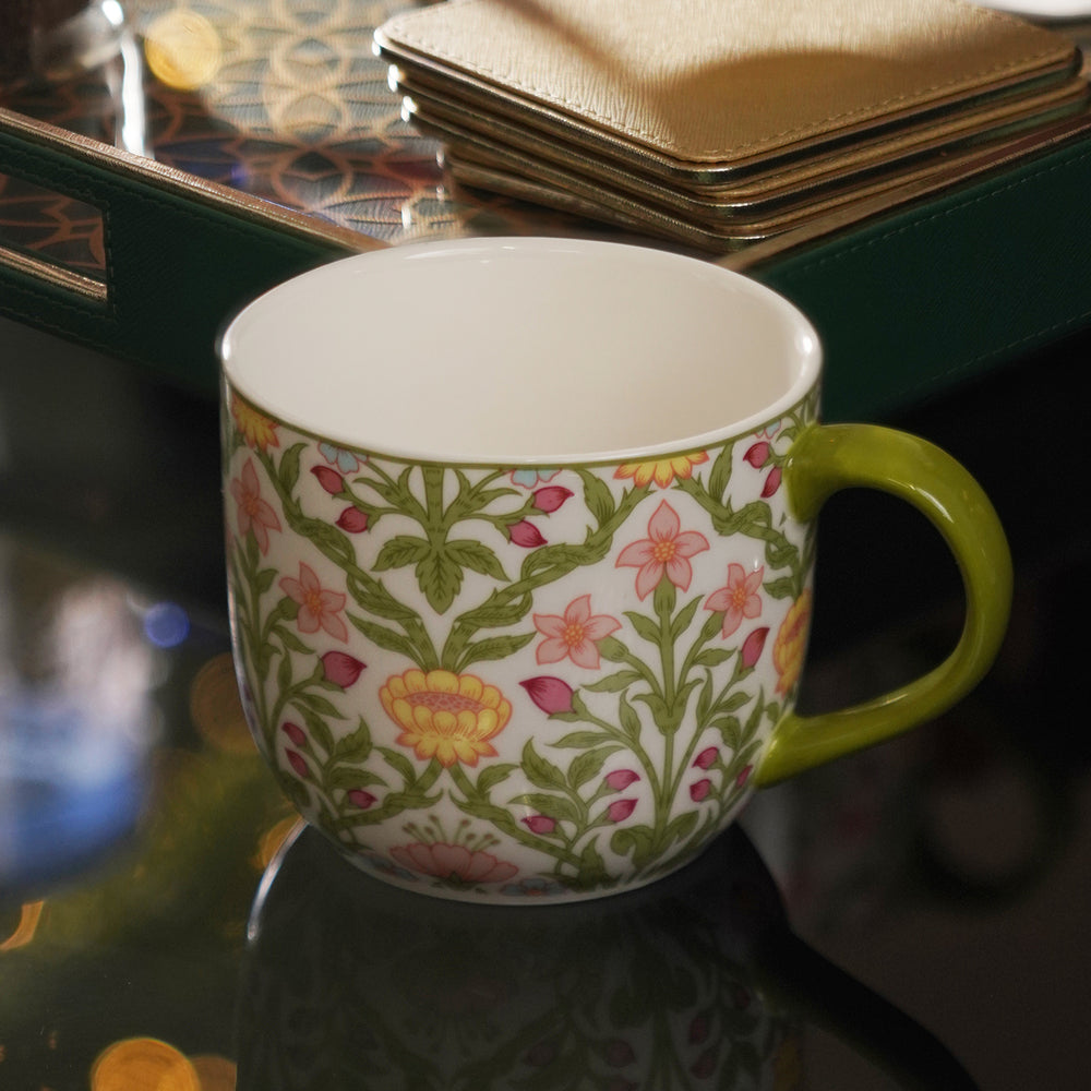 Set of 2 Green Prined Bone China Coffee Mugs