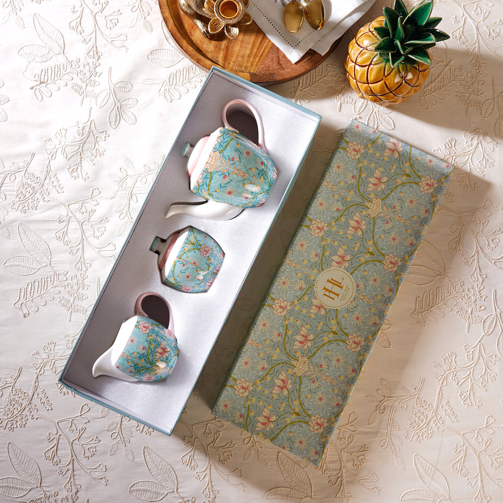 Set of 3 Blue Floral Printed Bone China Tea Set