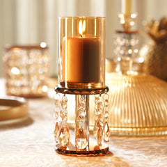 Amber Glass Candle Holder With Hanging Crystals
