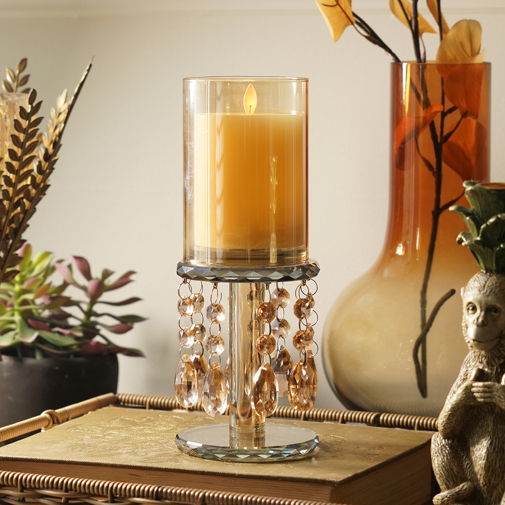 Light Amber Glass Candle Holder With Hanging Crystals