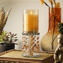 Light Amber Glass Candle Holder With Hanging Crystals
