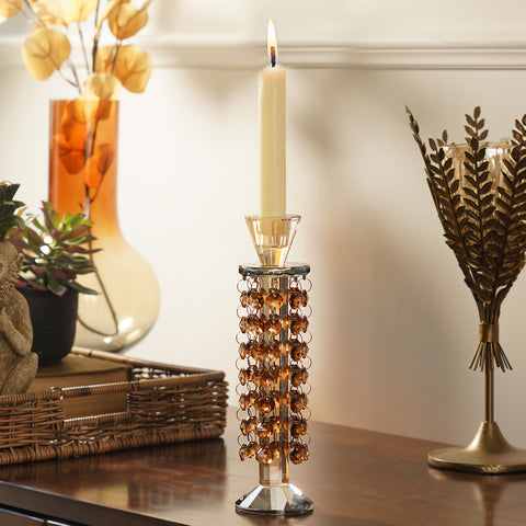 Dark Amber Tapered Candle Holder With Hanging Crystals
