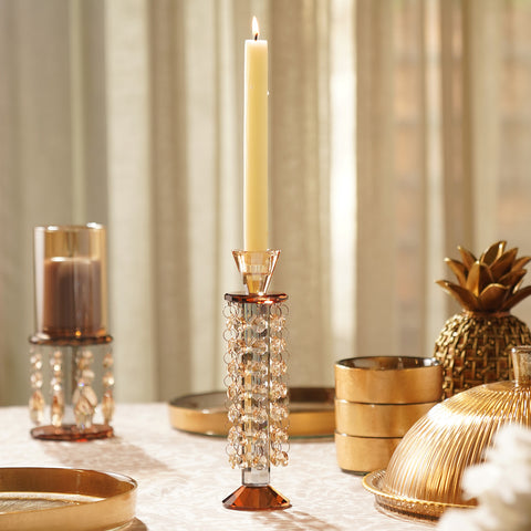 Amber Glass Tapered Candle Holder With Hanging Crystals