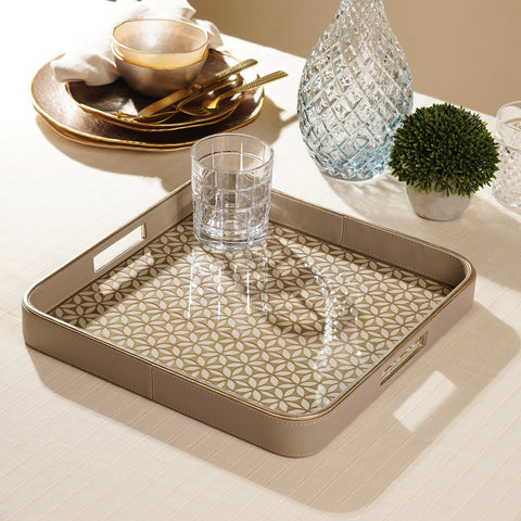 Beige Lazer Cut Square Faux Leather Tray
