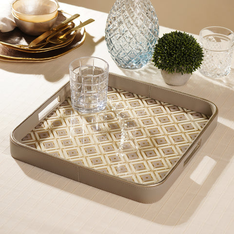 Beige Printed Square Faux Leather Tray