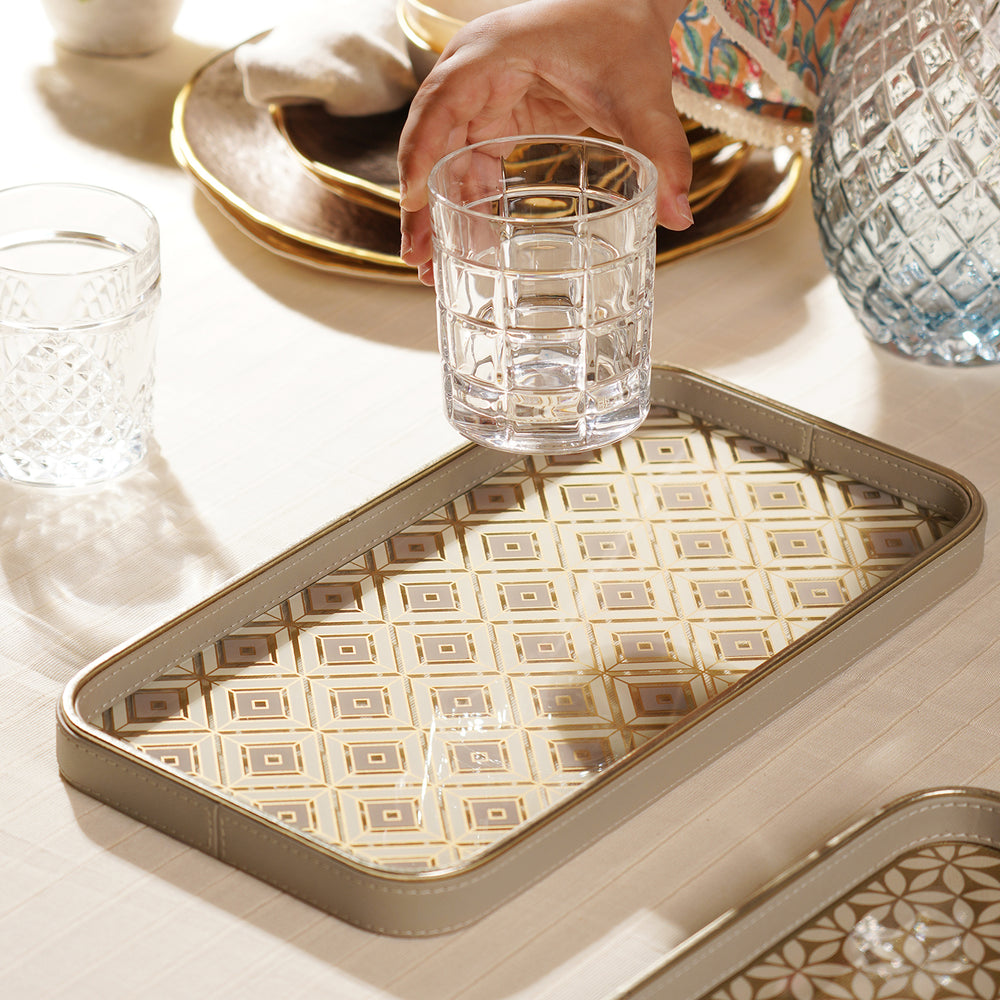 Beige Printed Rectangle Faux Leather Platter