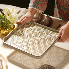 Beige Printed Square Faux Leather Platter - Large