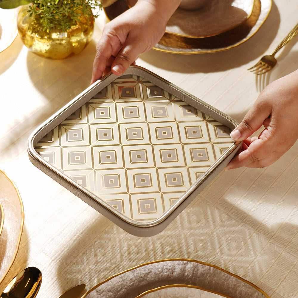 Beige Printed Square Faux Leather Platter - Small