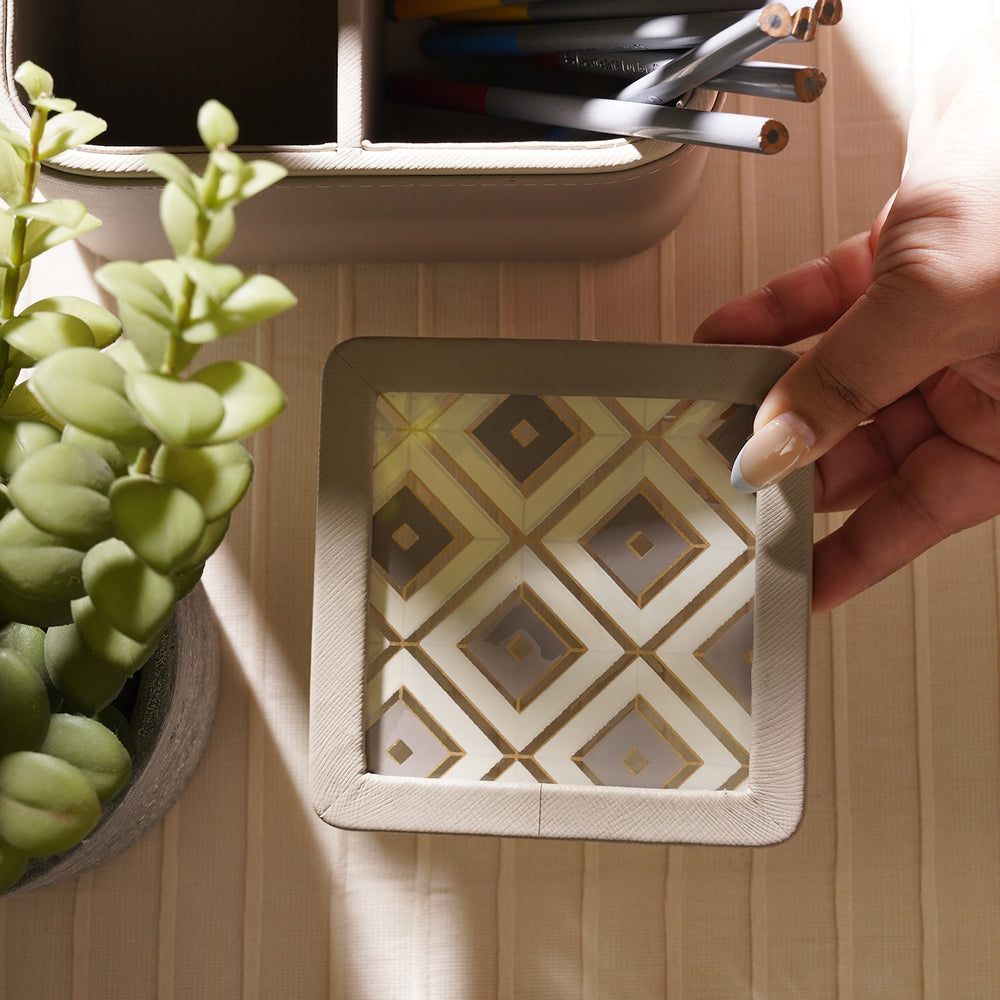 Beige & Cream Printed Glass Faux Leather Coasters