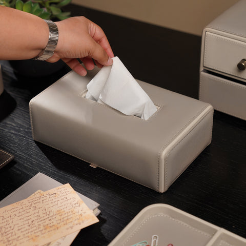 Beige Faux Leather Tissue Box Cover