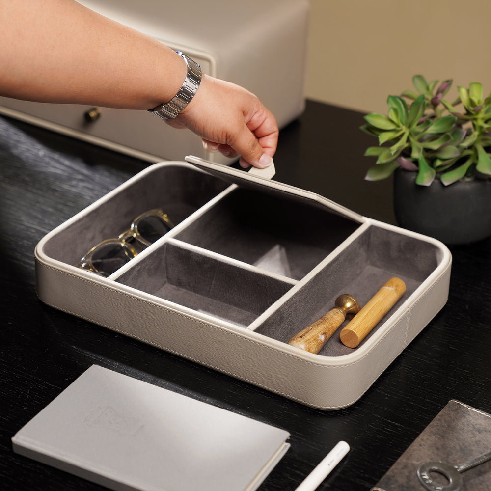 Beige 4 Compartment Faux Leather Organiser Tray
